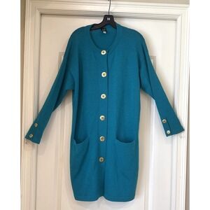 VTG HELEN HSU Of New York Long Green Sweater Gold Button Up Pockets Career Prepp